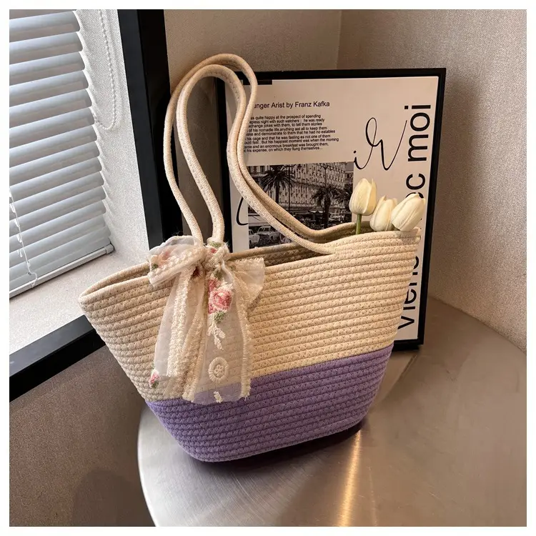 Women's Straw Bow Tote Bag Beige Brown — feature 30