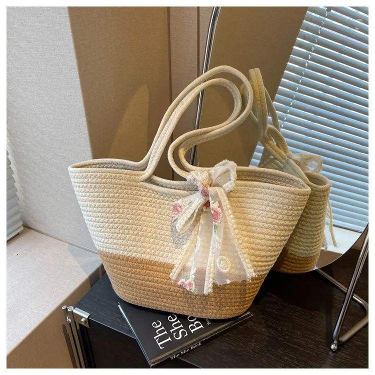 Women's Straw Bow Tote Bag Beige Brown — feature 33