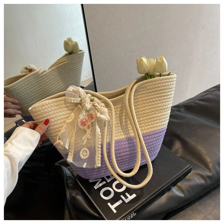 Women's Straw Bow Tote Bag Beige Brown — feature 37