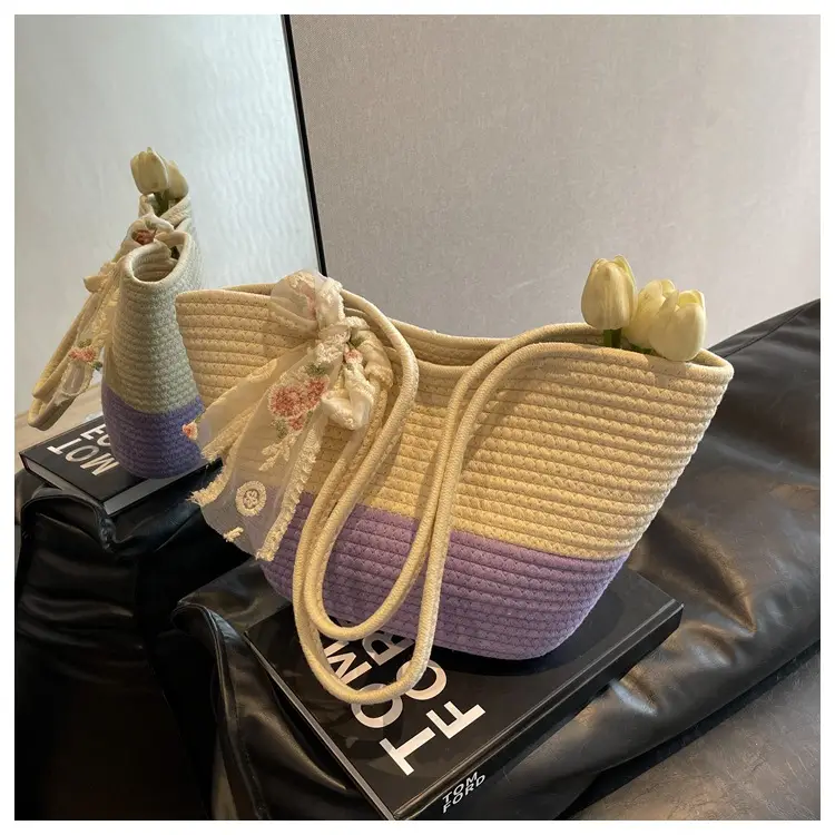 Women's Straw Bow Tote Bag Beige Brown — feature 38