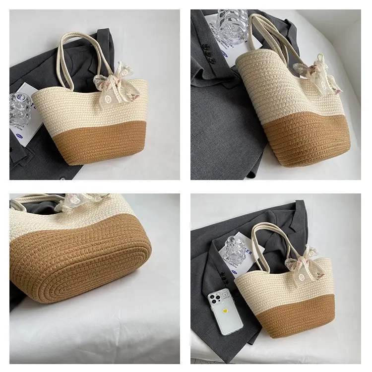 Women's Straw Bow Tote Bag Beige Brown — feature 6