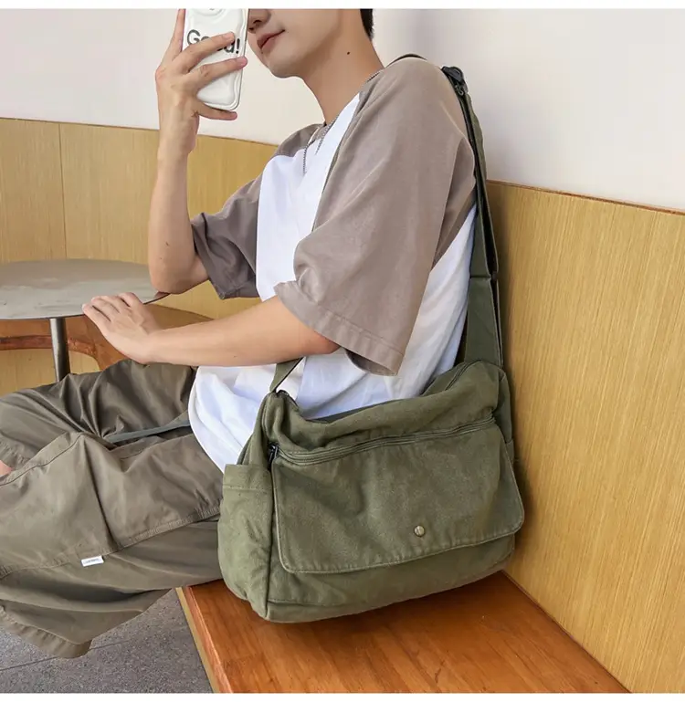 Olive Green Washed Canvas Shoulder Bag Women 2024 — feature 15