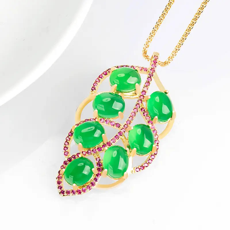 Natural Green Agate Leaves Pendant for Women Gold Plated Necklace - Image 3