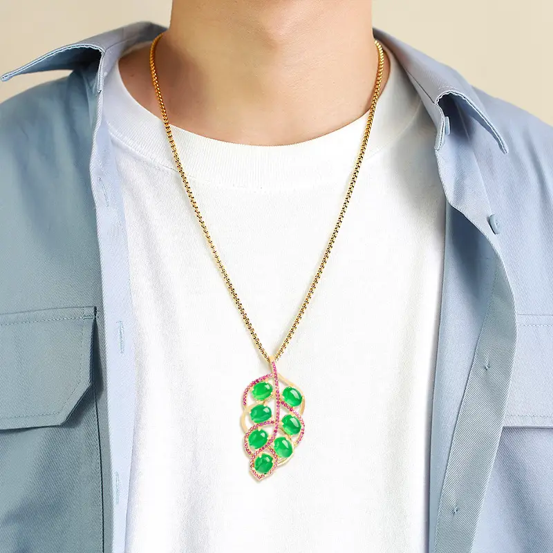 Natural Green Agate Leaves Pendant for Women Gold Plated Necklace - Image 5