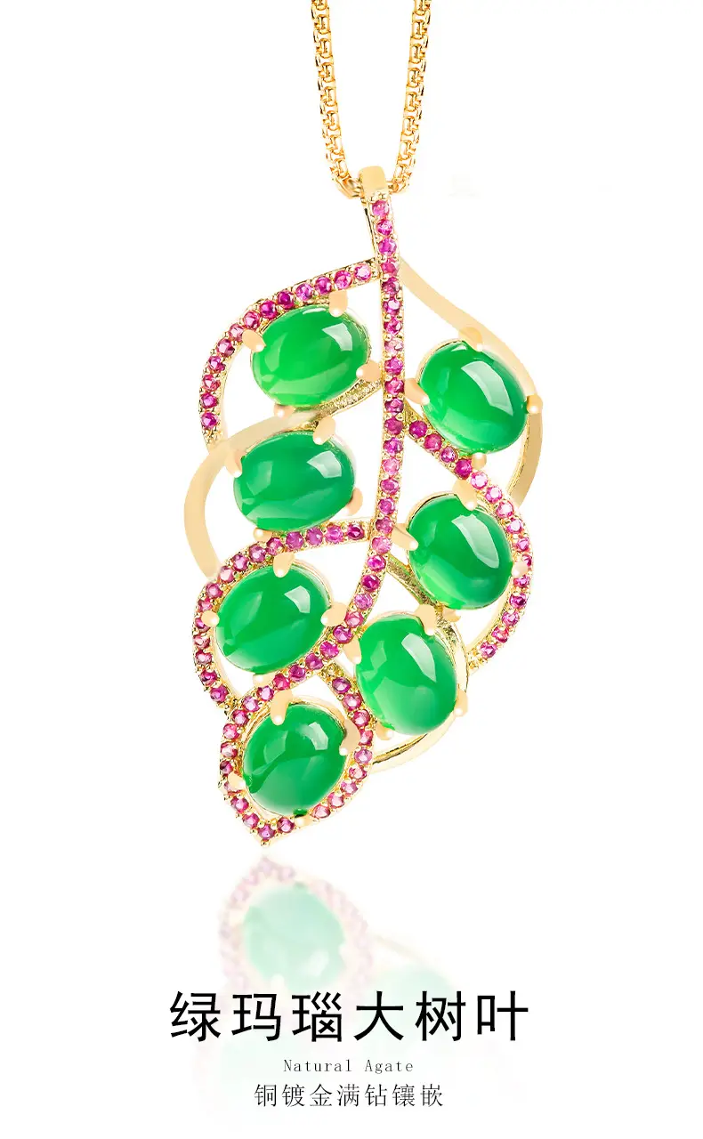 Natural Green Agate Leaves Pendant for Women Gold Plated Necklace — feature 2