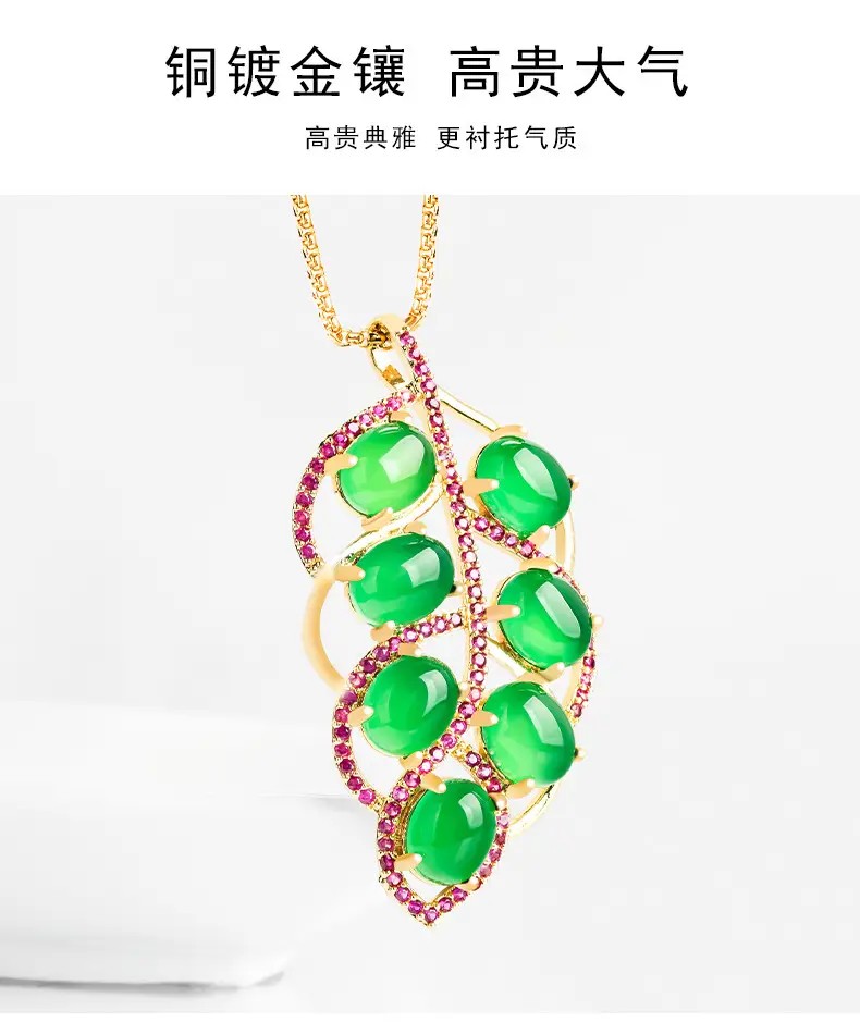 Natural Green Agate Leaves Pendant for Women Gold Plated Necklace — feature 8