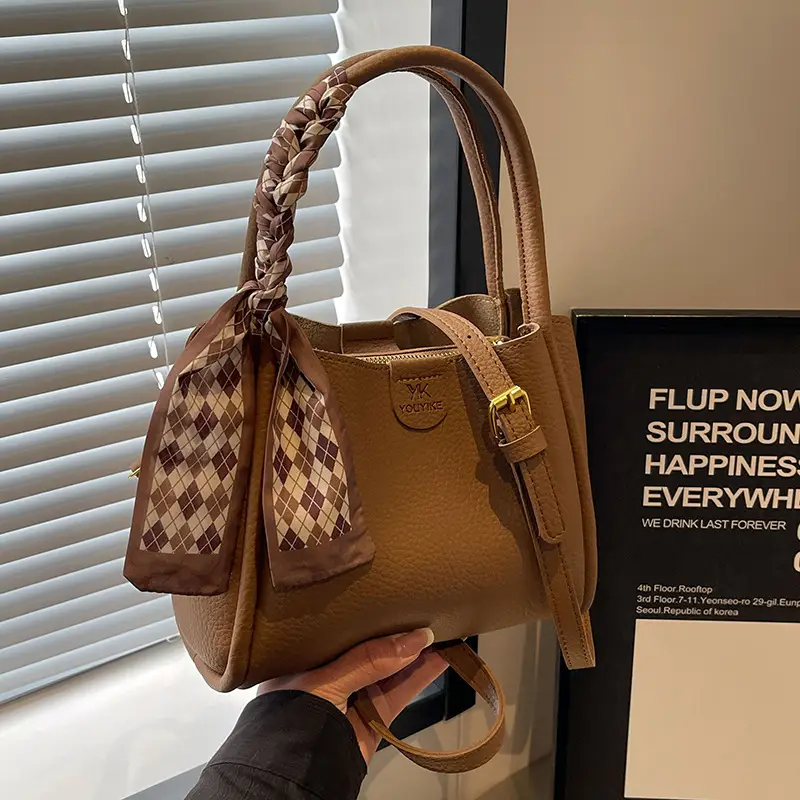 Korean Style Brown Bucket Bag with Tassel Handle - Image 6