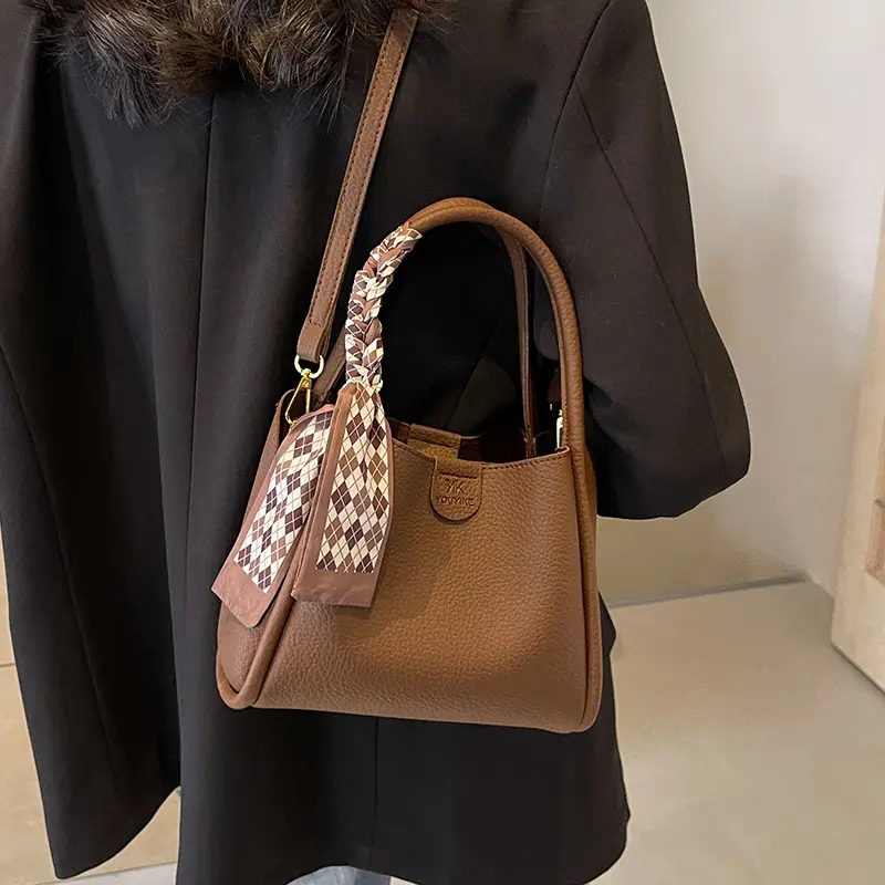 Korean Style Brown Bucket Bag with Tassel Handle - Image 8