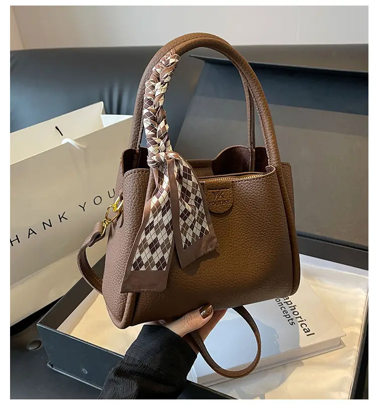 Korean Style Brown Bucket Bag with Tassel Handle — feature 10