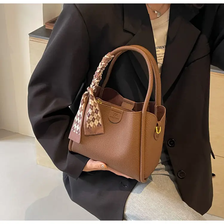 Korean Style Brown Bucket Bag with Tassel Handle — feature 18