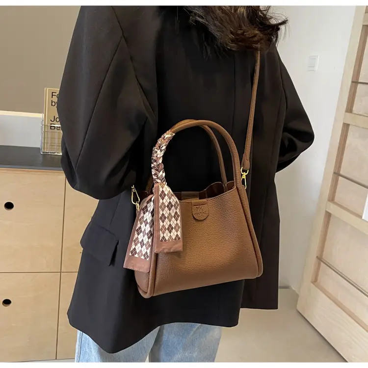 Korean Style Brown Bucket Bag with Tassel Handle — feature 19