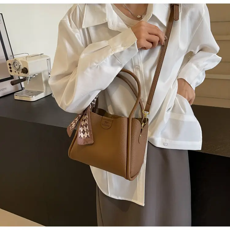 Korean Style Brown Bucket Bag with Tassel Handle — feature 26