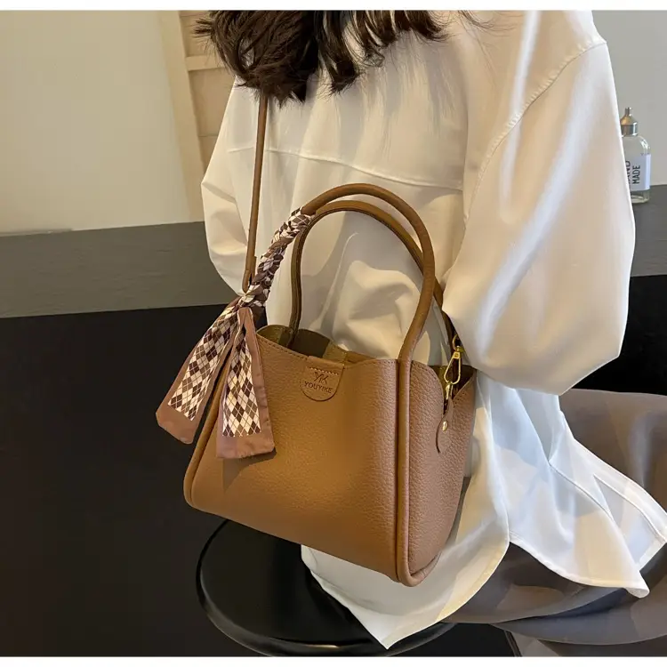Korean Style Brown Bucket Bag with Tassel Handle — feature 28
