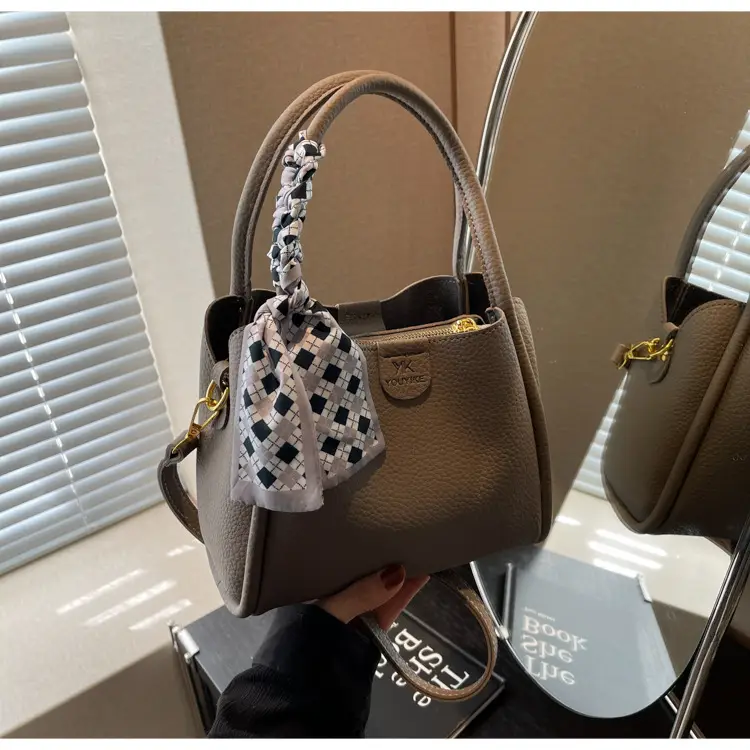 Korean Style Brown Bucket Bag with Tassel Handle — feature 33