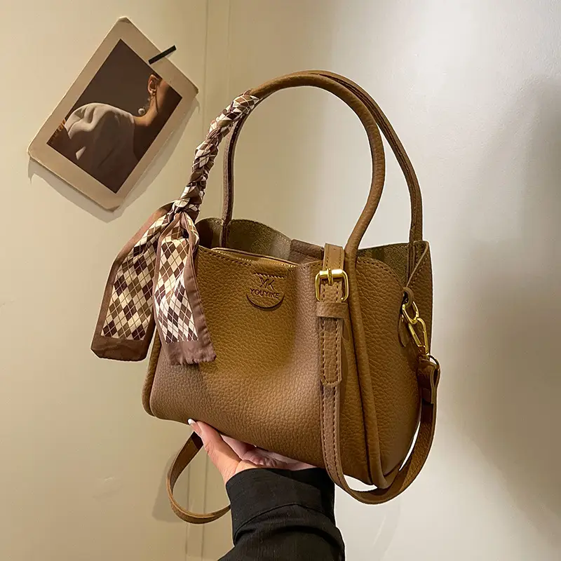 Korean Style Brown Bucket Bag with Tassel Handle - Image 3
