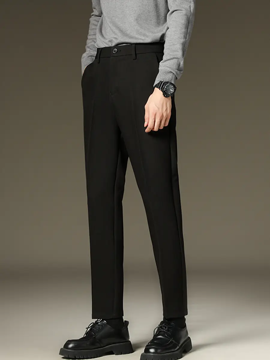 Suit pants men's autumn and winter straight draping cropped pants men's fleece-lined thickened business suit pants casual trousers