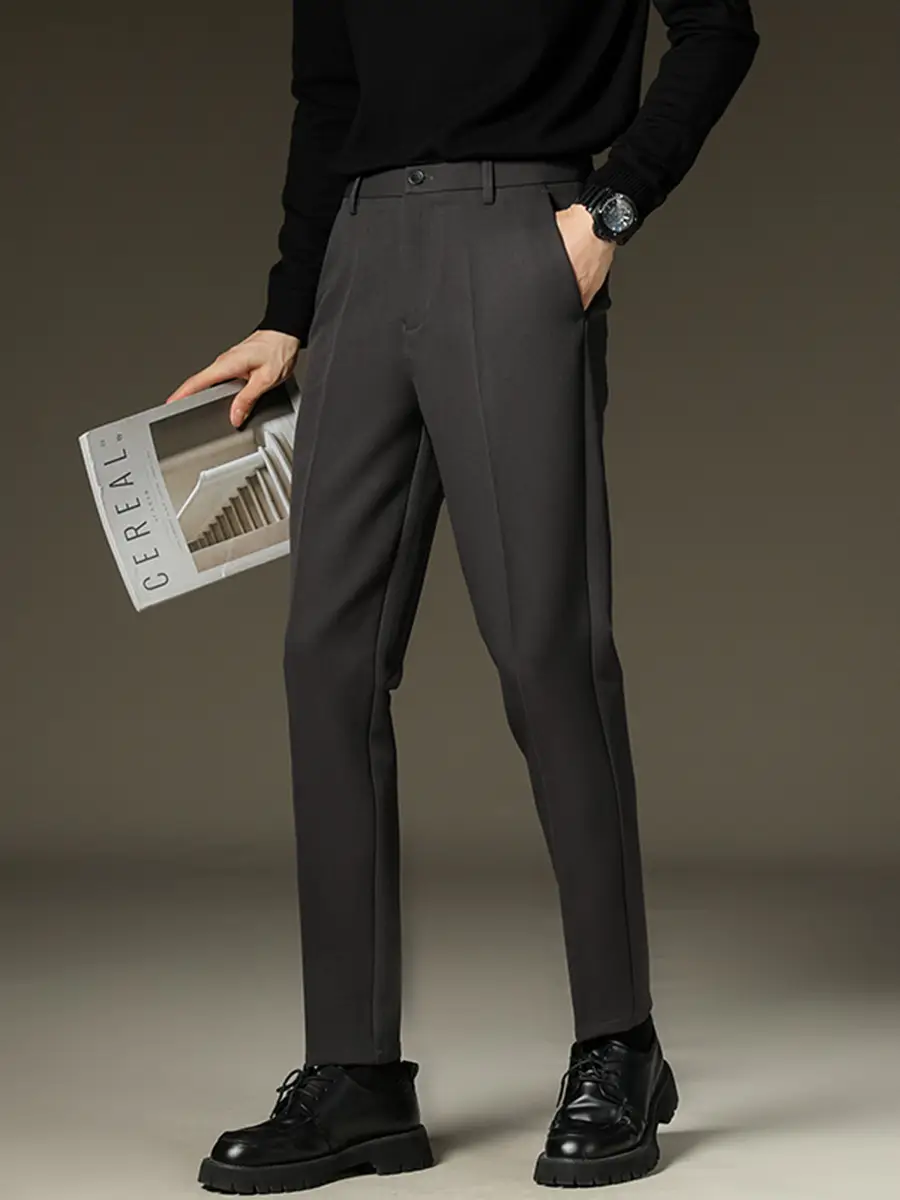 Suit pants men's autumn and winter straight draping cropped pants men's fleece-lined thickened business suit pants casual trousers