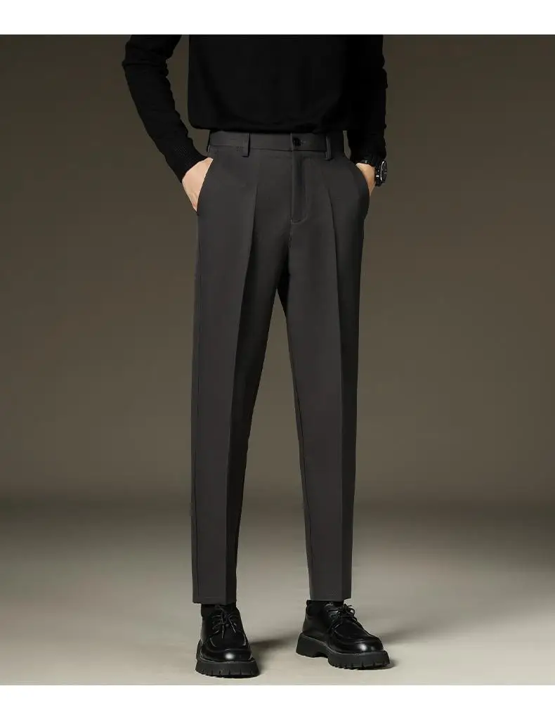Suit pants men's autumn and winter straight draping cropped pants men's fleece-lined thickened business suit pants casual trousers — feature 11
