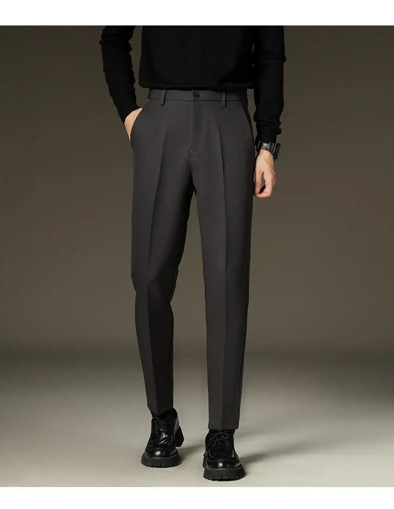 Suit pants men's autumn and winter straight draping cropped pants men's fleece-lined thickened business suit pants casual trousers — feature 12