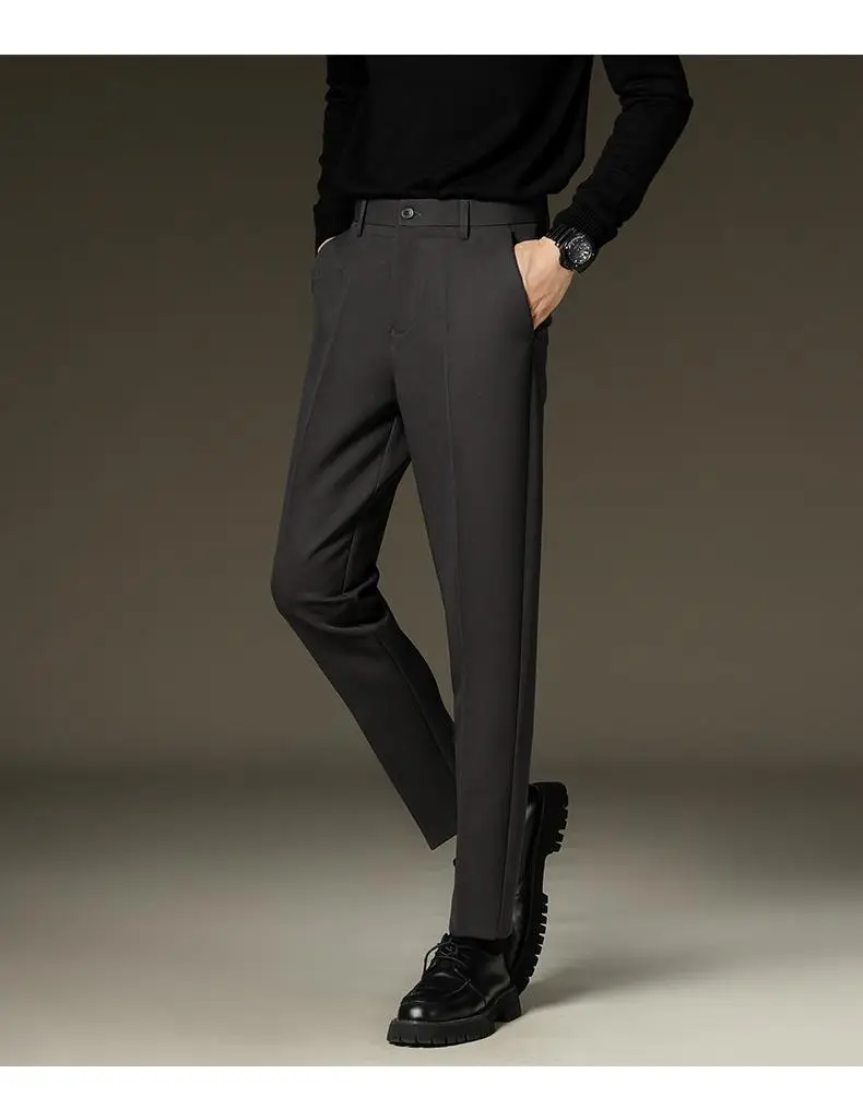 Suit pants men's autumn and winter straight draping cropped pants men's fleece-lined thickened business suit pants casual trousers — feature 13