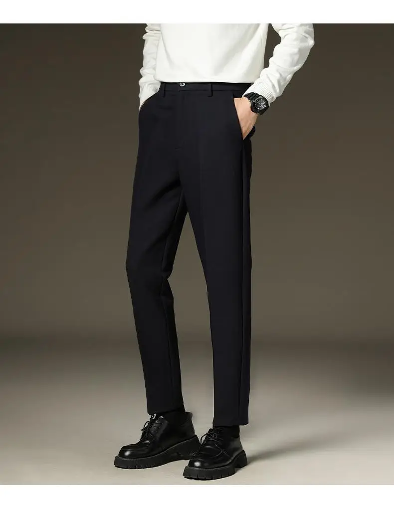 Suit pants men's autumn and winter straight draping cropped pants men's fleece-lined thickened business suit pants casual trousers — feature 14
