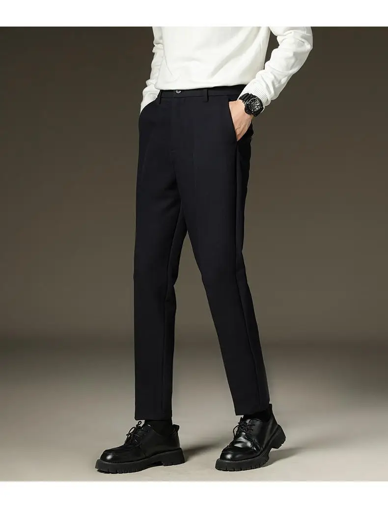 Suit pants men's autumn and winter straight draping cropped pants men's fleece-lined thickened business suit pants casual trousers — feature 15