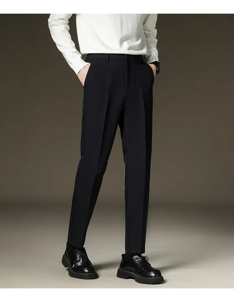Suit pants men's autumn and winter straight draping cropped pants men's fleece-lined thickened business suit pants casual trousers — feature 16