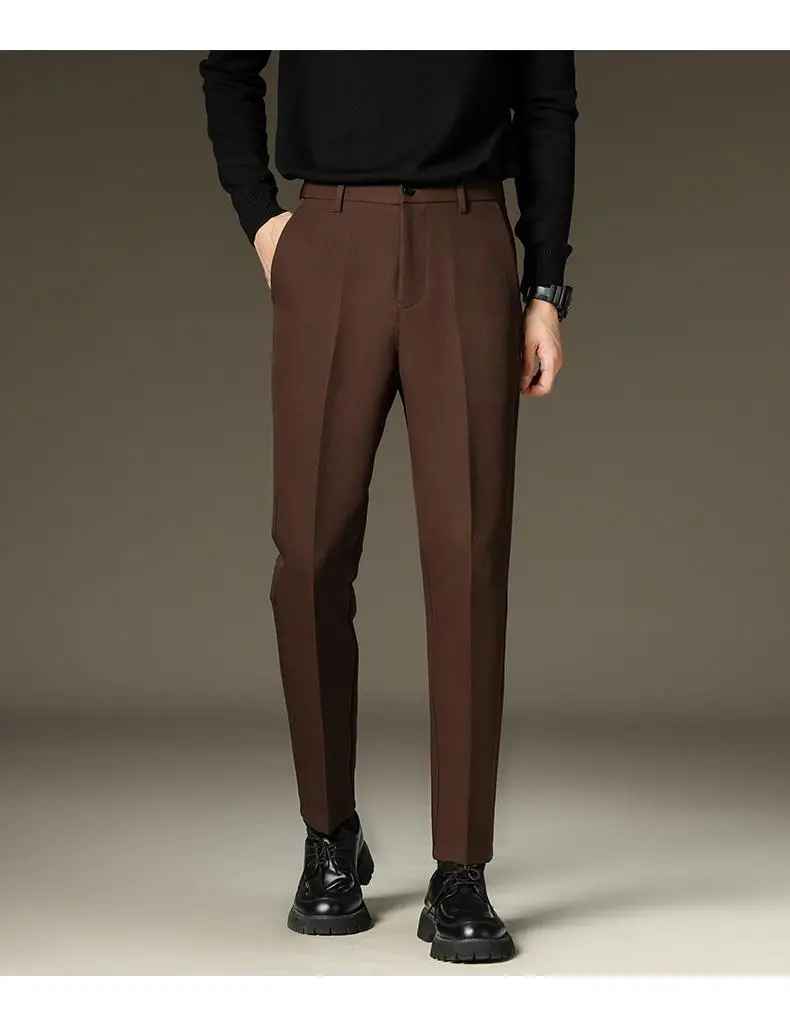 Suit pants men's autumn and winter straight draping cropped pants men's fleece-lined thickened business suit pants casual trousers — feature 17