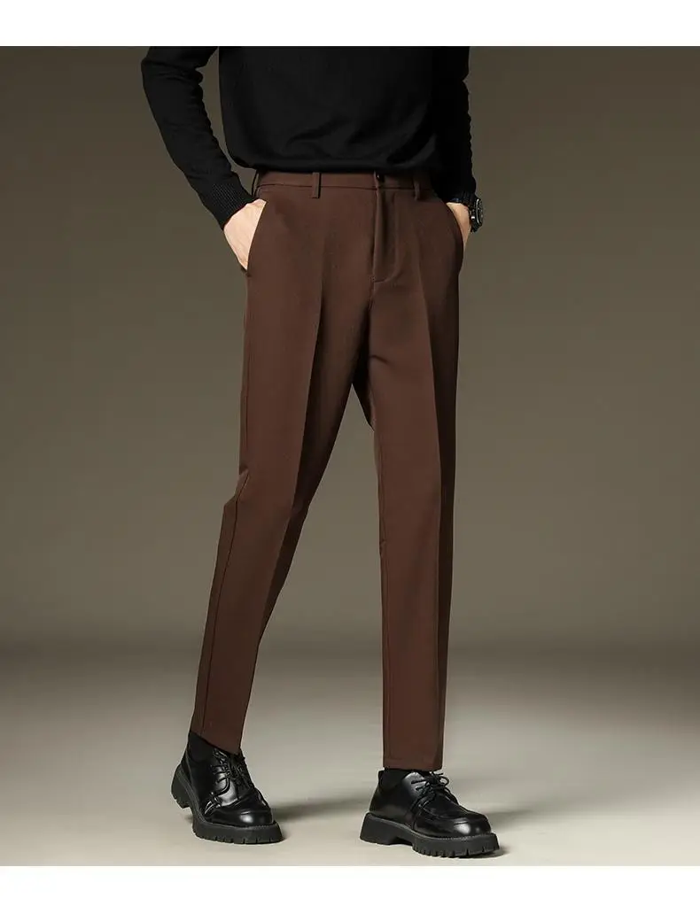 Suit pants men's autumn and winter straight draping cropped pants men's fleece-lined thickened business suit pants casual trousers — feature 18
