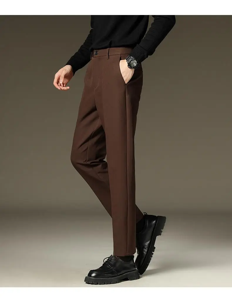 Suit pants men's autumn and winter straight draping cropped pants men's fleece-lined thickened business suit pants casual trousers — feature 19