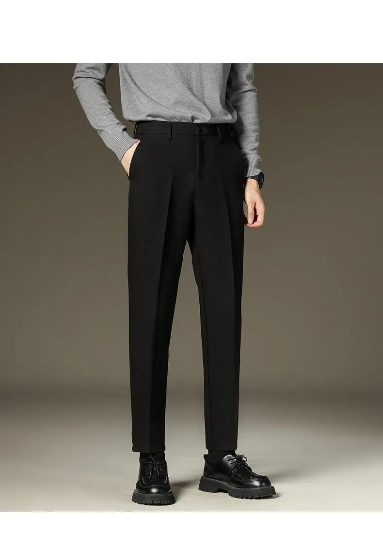 Suit pants men's autumn and winter straight draping cropped pants men's fleece-lined thickened business suit pants casual trousers — feature 8