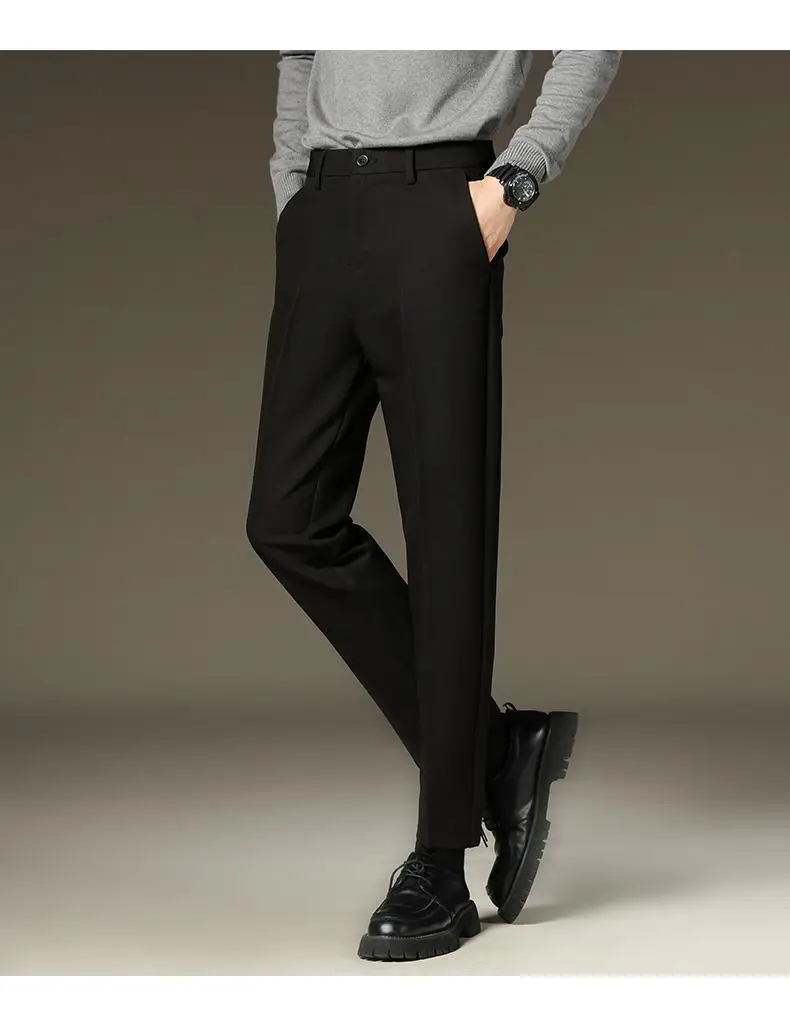 Suit pants men's autumn and winter straight draping cropped pants men's fleece-lined thickened business suit pants casual trousers — feature 9