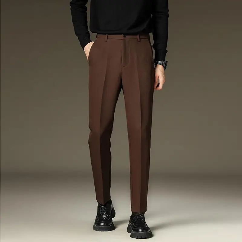Suit pants men's autumn and winter straight draping cropped pants men's fleece-lined thickened business suit pants casual trousers
