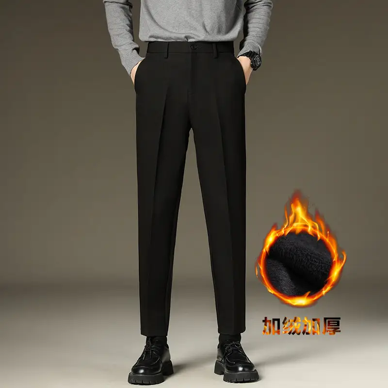 Suit pants men's autumn and winter straight draping cropped pants men's fleece-lined thickened business suit pants casual trousers