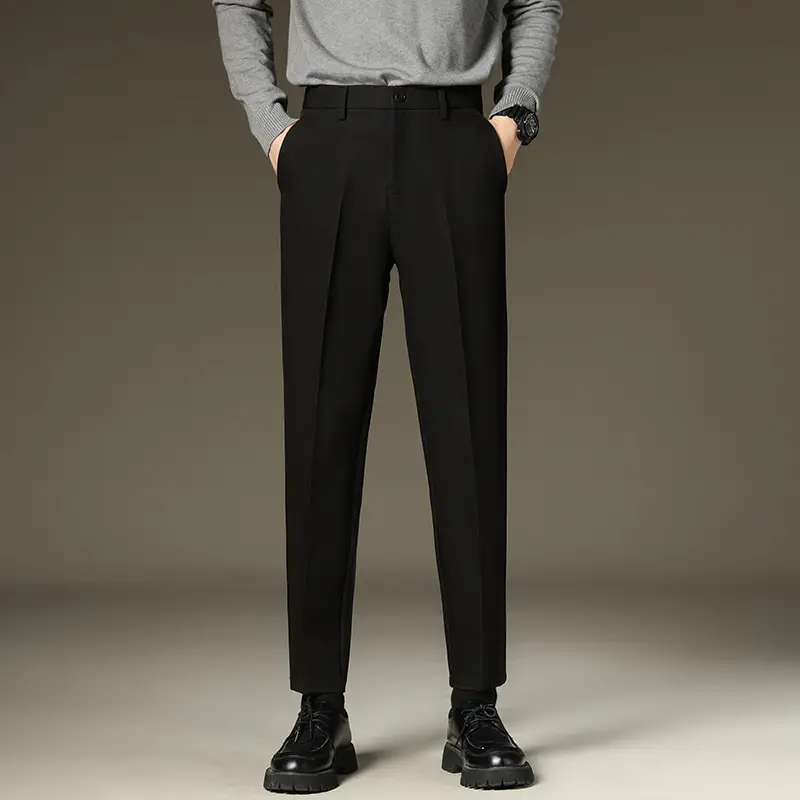 Suit pants men's autumn and winter straight draping cropped pants men's fleece-lined thickened business suit pants casual trousers