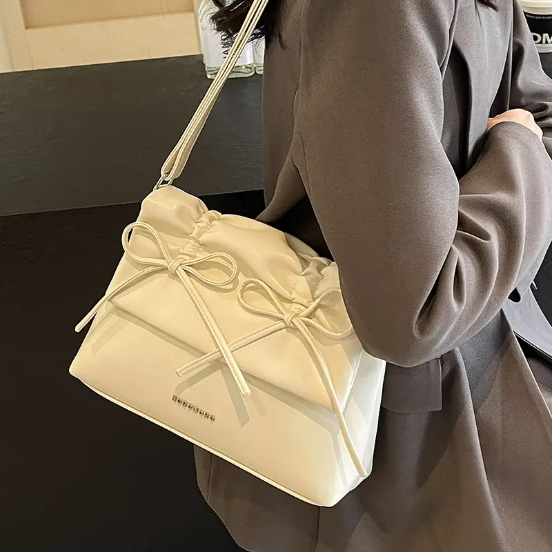Women's Creamy Underarm Tote Bag with Bow - Image 7