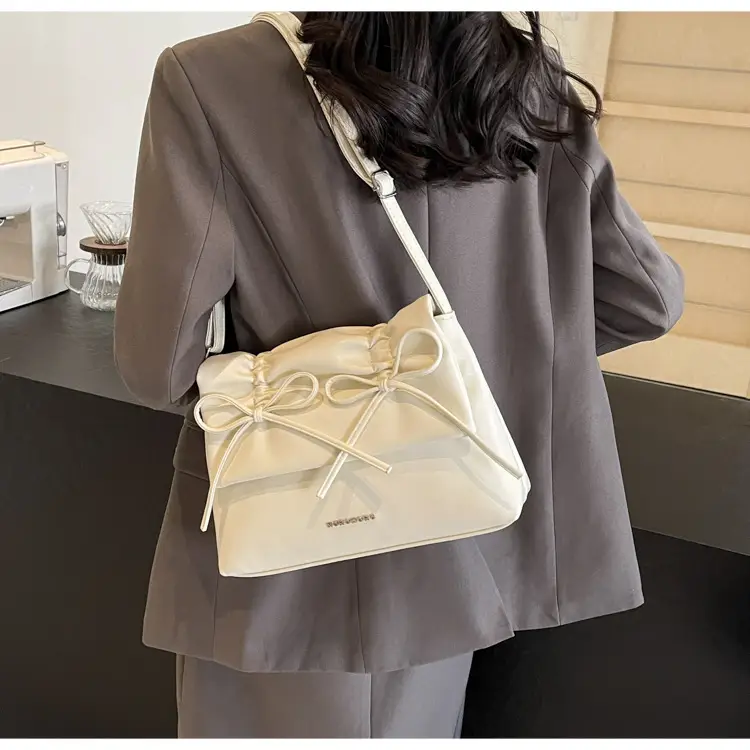 Women's Creamy Underarm Tote Bag with Bow — feature 21
