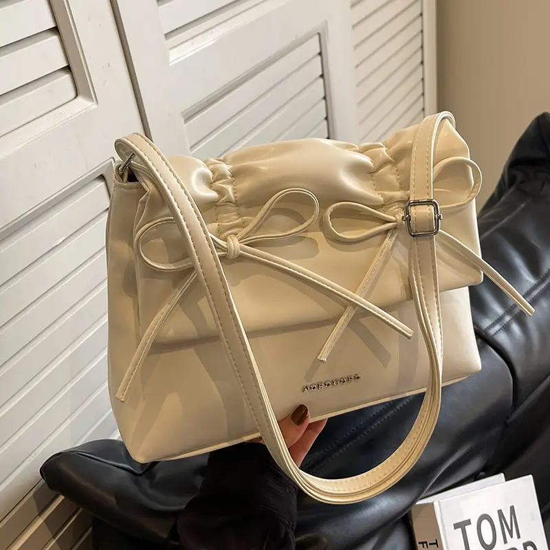Women's Creamy Underarm Tote Bag with Bow - Image 2