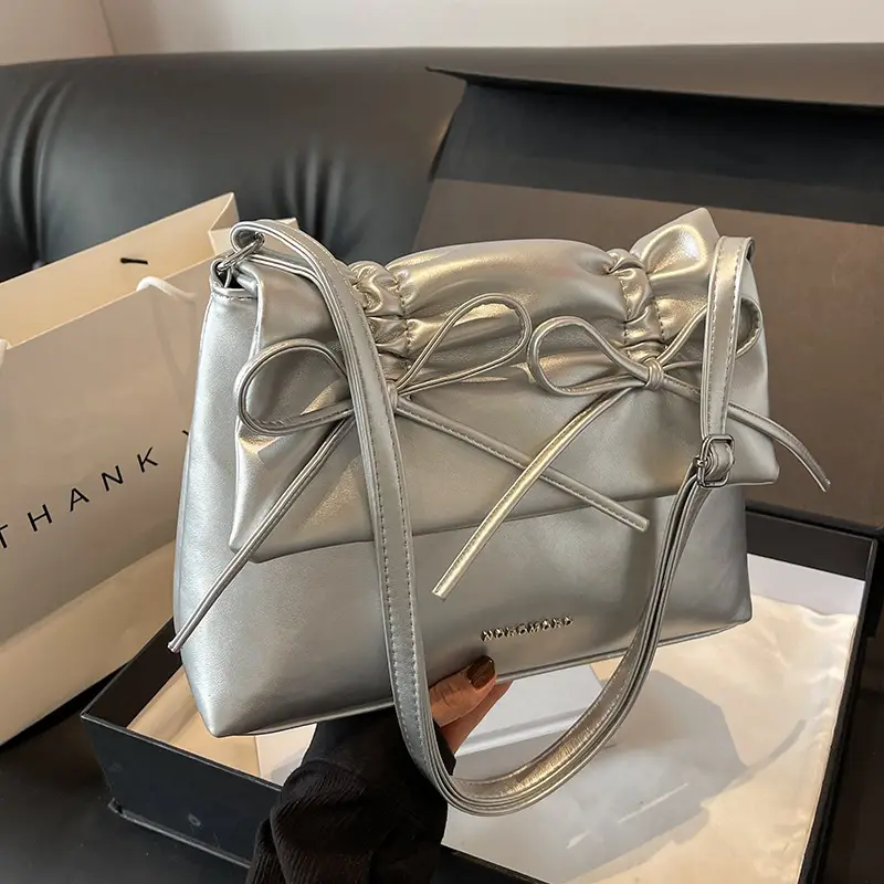 Women's Creamy Underarm Tote Bag with Bow - Image 4