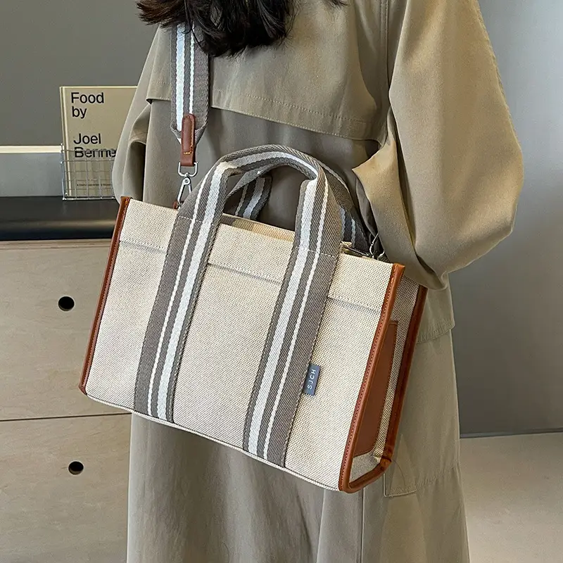 Women Canvas Striped Tote Bag Large Capacity Winter Commute