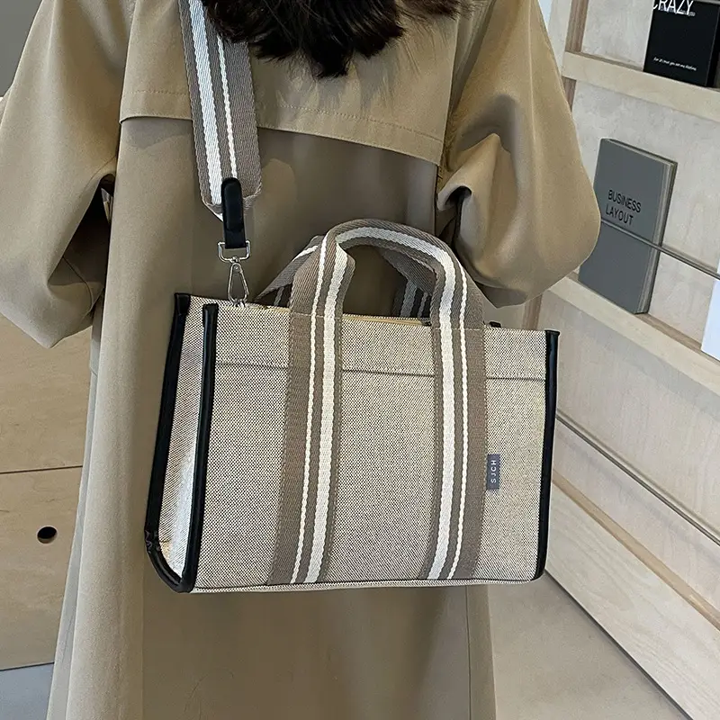 Women Canvas Striped Tote Bag Large Capacity Winter Commute