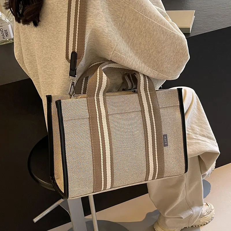 Women Canvas Striped Tote Bag Large Capacity Winter Commute