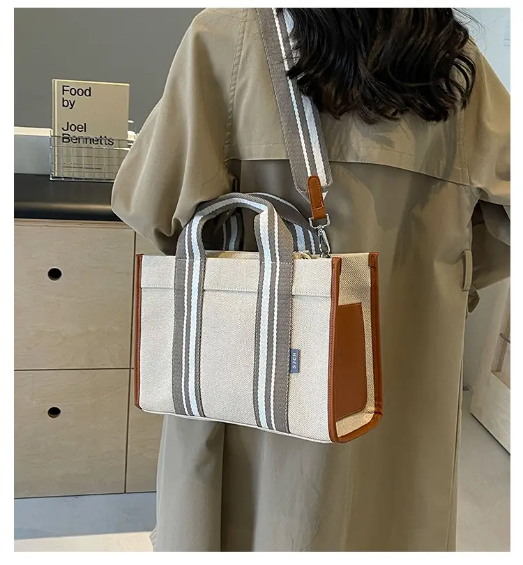 Women Canvas Striped Tote Bag Large Capacity Winter Commute — feature 1