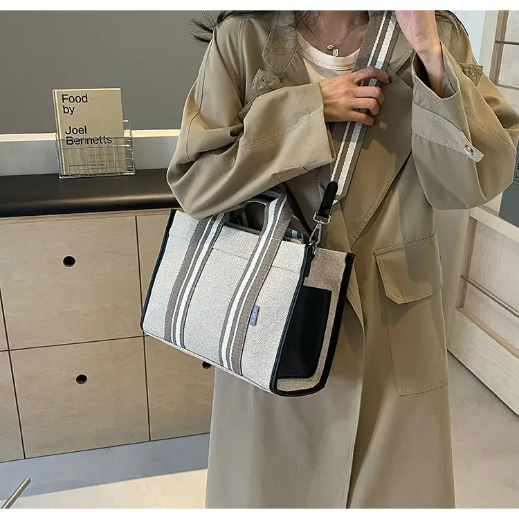 Women Canvas Striped Tote Bag Large Capacity Winter Commute — feature 10