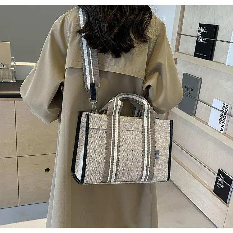 Women Canvas Striped Tote Bag Large Capacity Winter Commute — feature 11