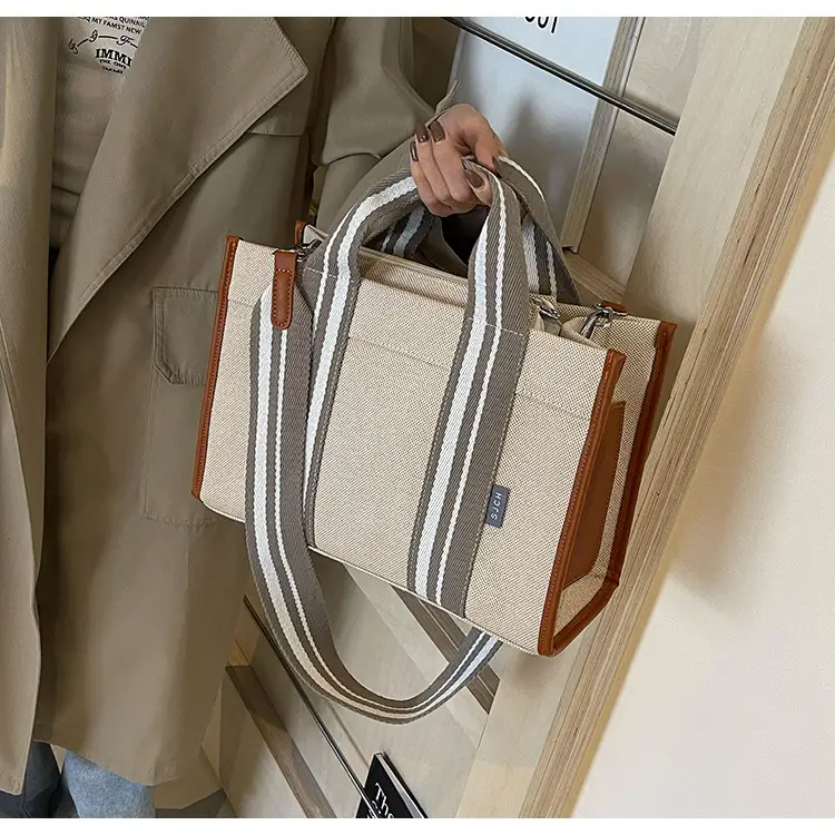 Women Canvas Striped Tote Bag Large Capacity Winter Commute — feature 12