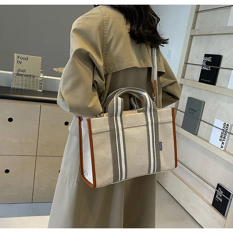 Women Canvas Striped Tote Bag Large Capacity Winter Commute — feature 14