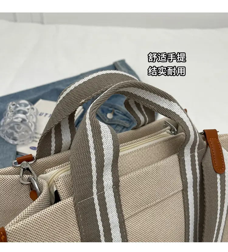 Women Canvas Striped Tote Bag Large Capacity Winter Commute — feature 7