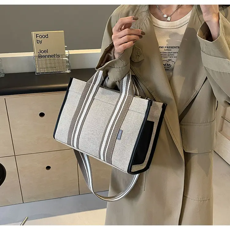 Women Canvas Striped Tote Bag Large Capacity Winter Commute — feature 9