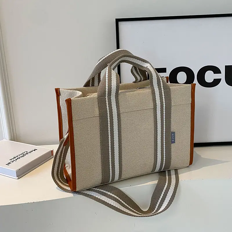 Women Canvas Striped Tote Bag Large Capacity Winter Commute